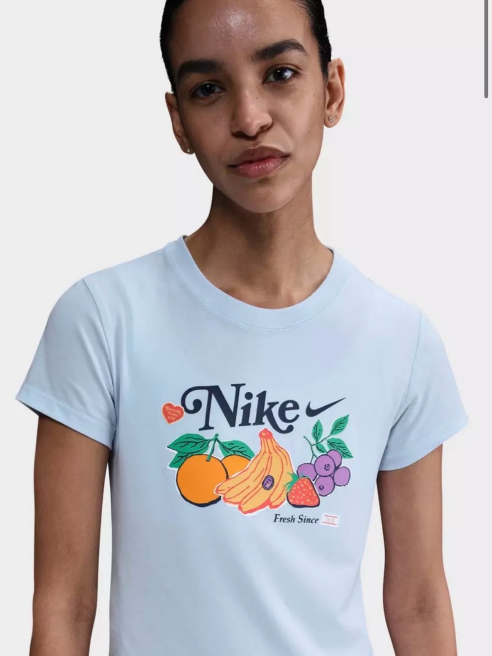 Nike Women’s Light Blue Fruit Graphic Crewneck Tee